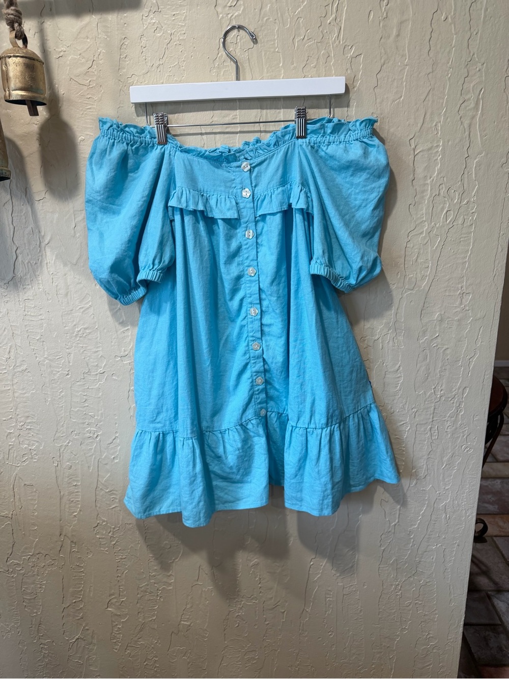 Off-Shoulder Blue Mini Dress with Puff Sleeves